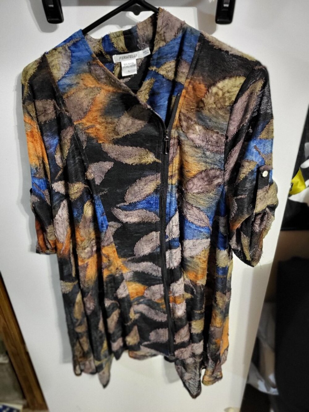 FERATELLI WOMANS ZIPPERED TUNIC TOP PATCHWORK BOHO SZ L